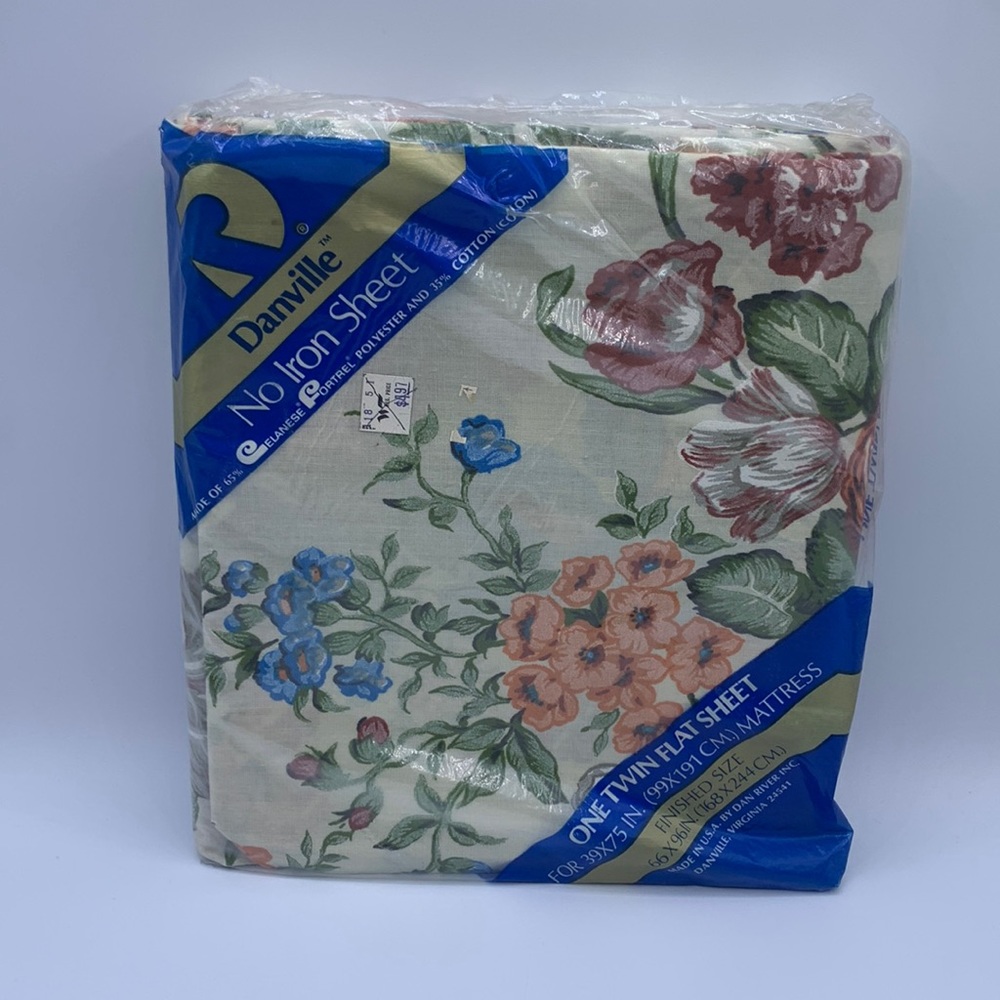 Vintage Danville White Blue Orange Cabbage Rose Floral Twin Flat Sheet NOS
